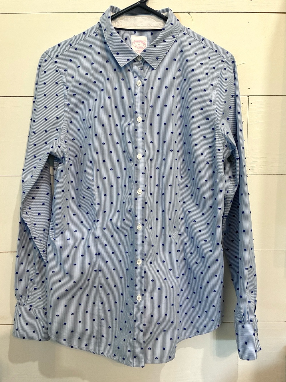 Brooks Brothers Blue Striped Collared Shirt with Navy Flocked Dot Print Size 10